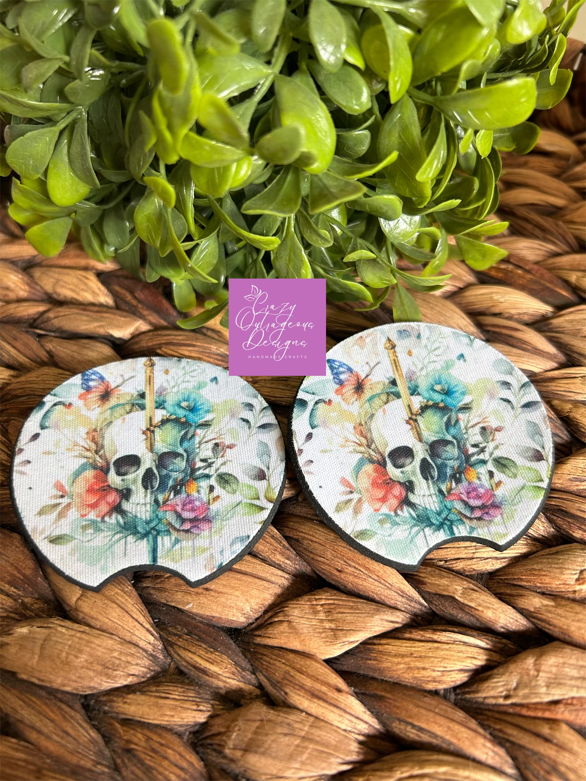 Car Coasters-Skull:Floral Skull