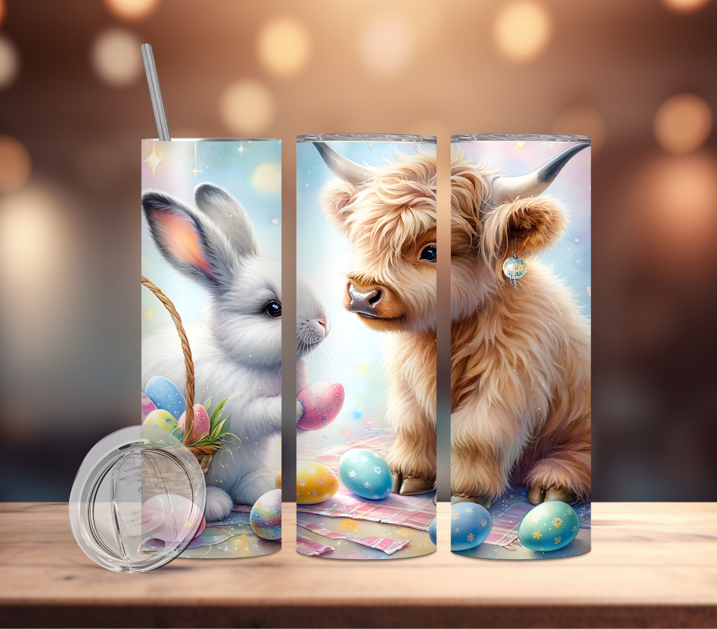 Tumbler-Easter Highland Cow with Bunny Easter Basket & Eggs