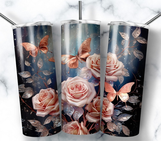 Tumbler-Beige Roses with Butterflies