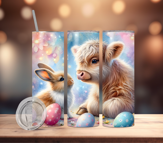 Tumbler-Easter Highland Cow with Brown Bunny & Eggs
