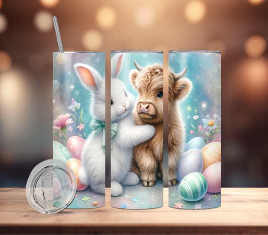 Tumbler-Easter Highland Cow with Bunny & Flowers & Eggs