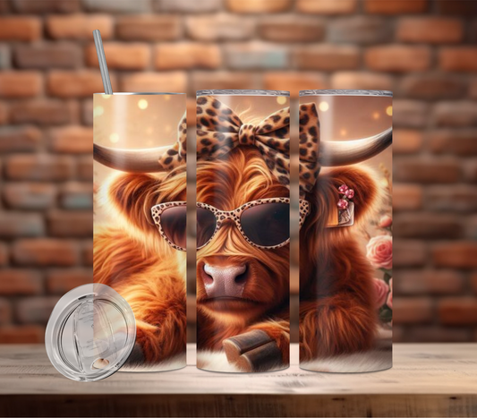 Tumbler-Highland Cow with Leopard Bow